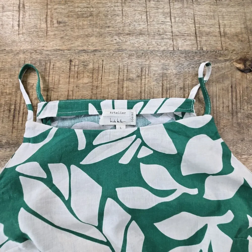 Nicole Miller Artelier Linen Crop Tank Top L Green White Leaf Print Women’s - Picture 5 of 11